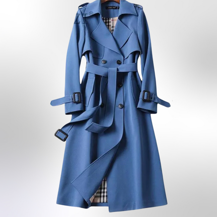 Classic khaki trench coat for women, open front styling, showcasing inner lining