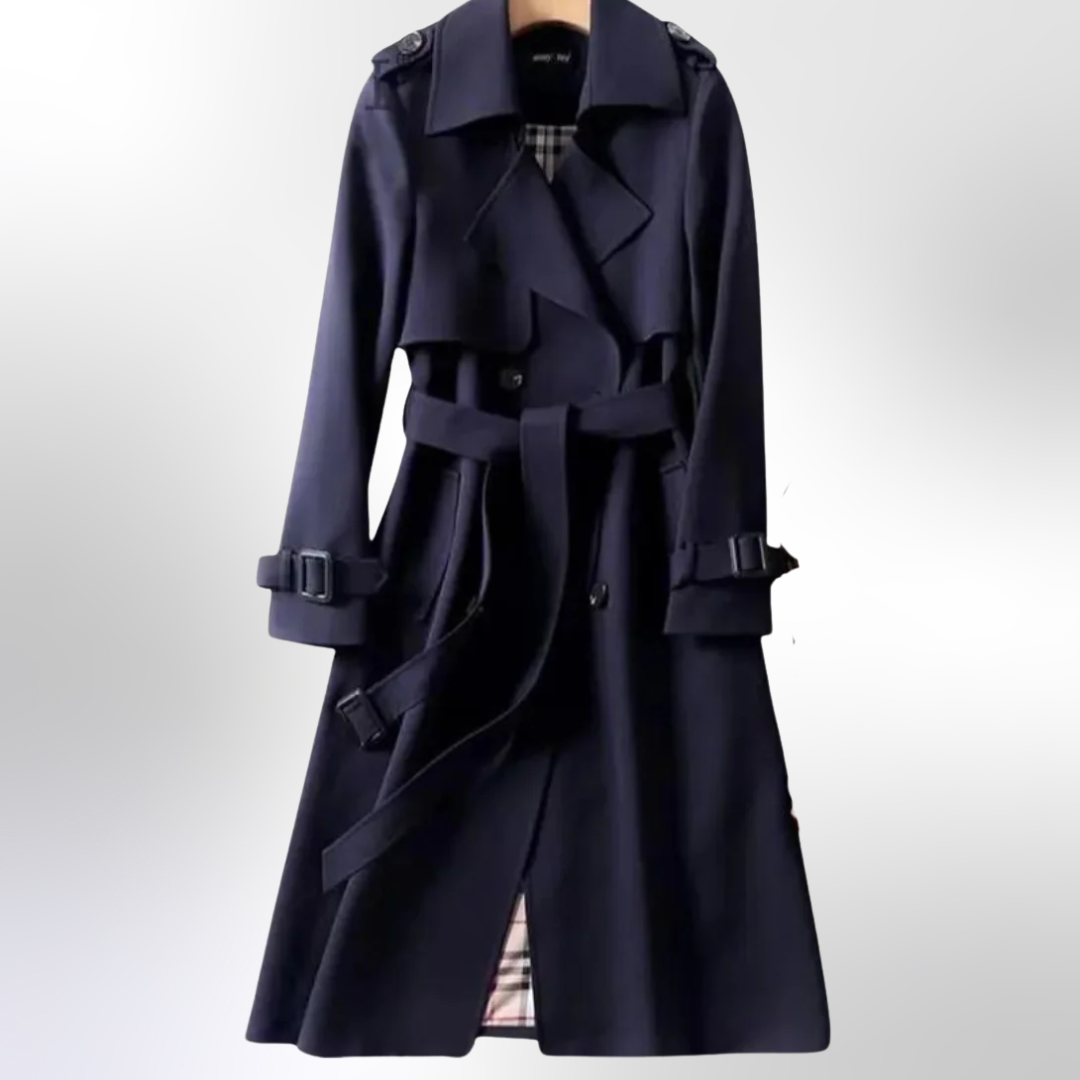 Women's double-breasted trench coat in navy, suitable for various weather conditions