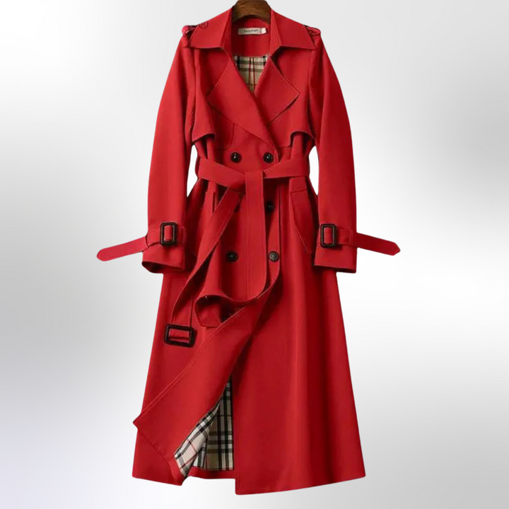 Elegant navy trench coat for women, featuring a classic belted waist and shoulder epaulets