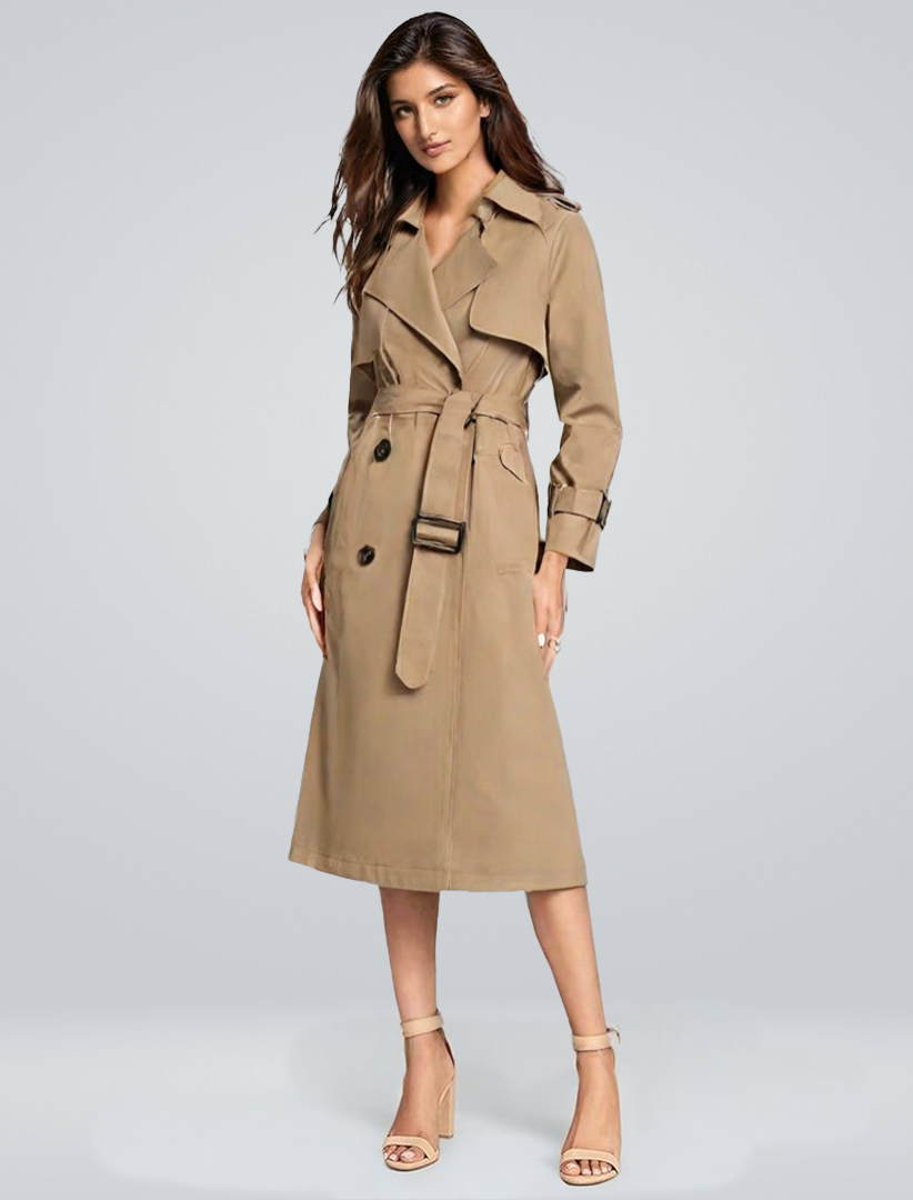 Navy women's classic double-breasted trench coat, formal casual outerwear, cotton blend