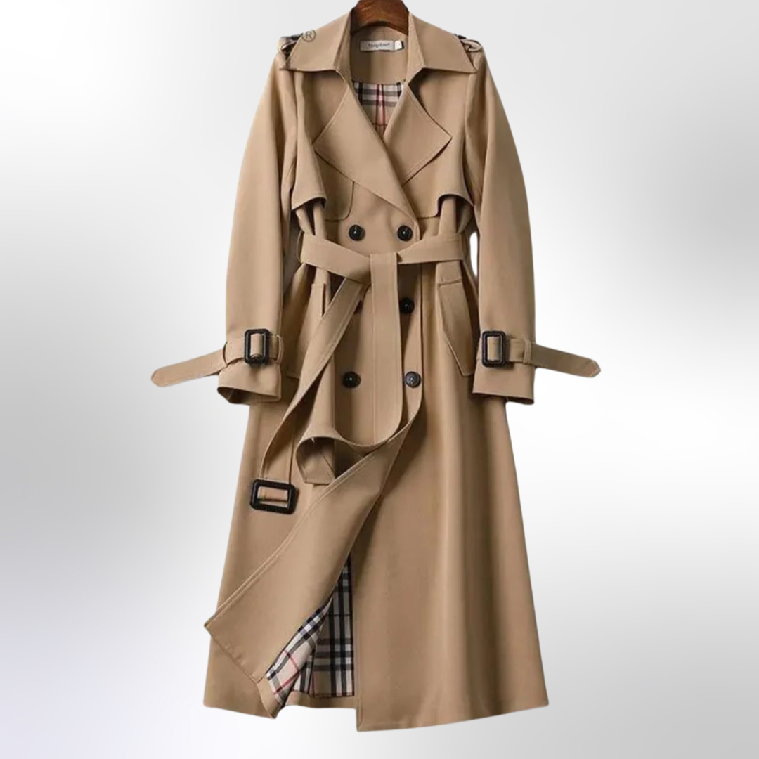 Stylish women's khaki trench coat with belted waist, classic double-breasted design