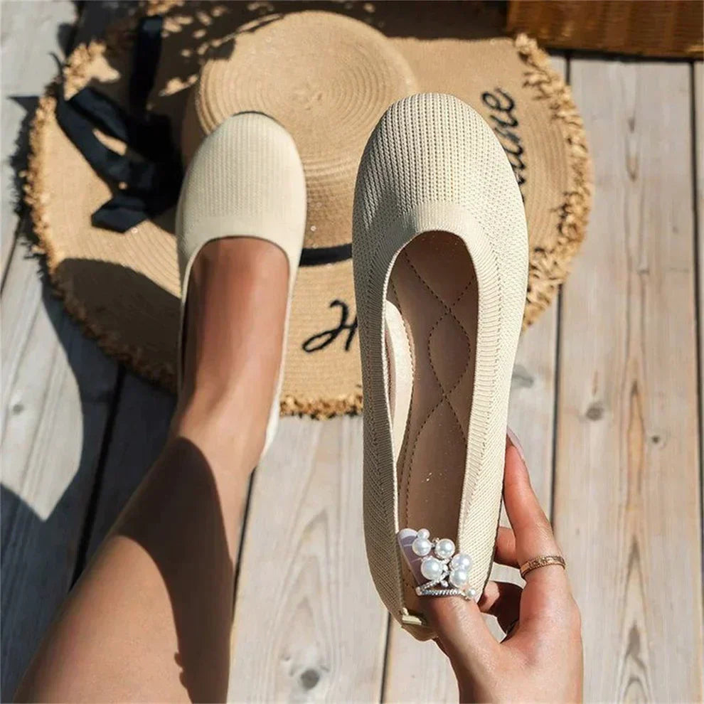 Beige women's comfortable ballet flat shoes, essential for spring fashion and everyday comfort.