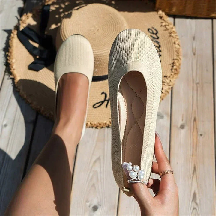 Beige women's comfortable ballet flat shoes, essential for spring fashion and everyday comfort.