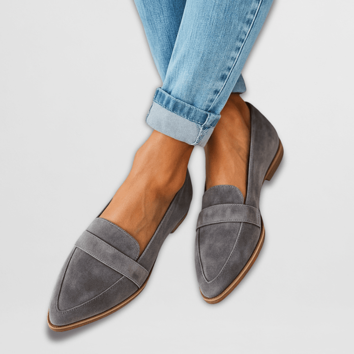 Stylish gray suede loafers with a pointed toe, comfortable women's casual shoe