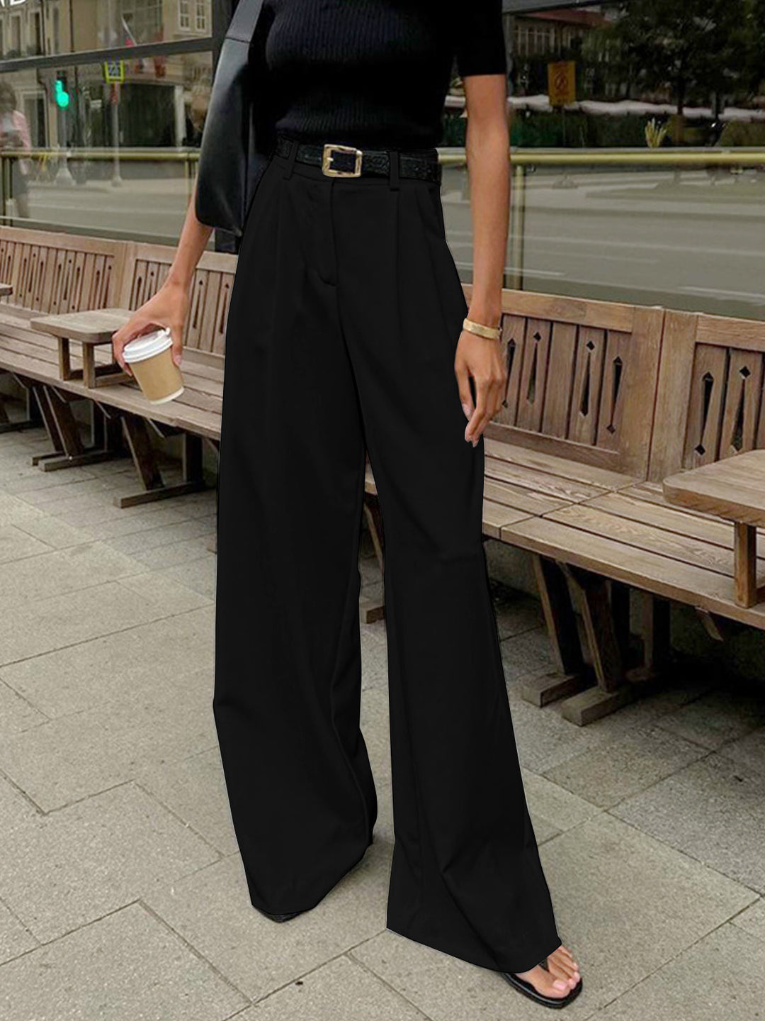 Burgundy women's wide leg office trousers with a comfortable relaxed fit for work