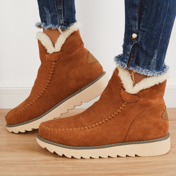 Close-up of khaki women's insulated ankle boots, highlighting waterproof material and texture
