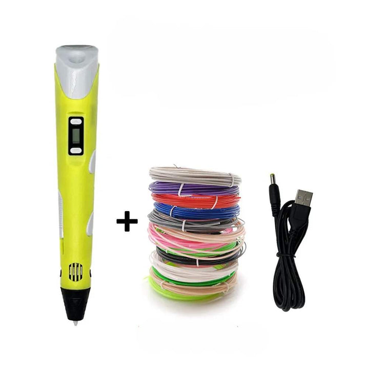 Colorful 3D drawing pens (blue, pink, yellow, purple) with LCD screens, perfect creative gifts for kids.