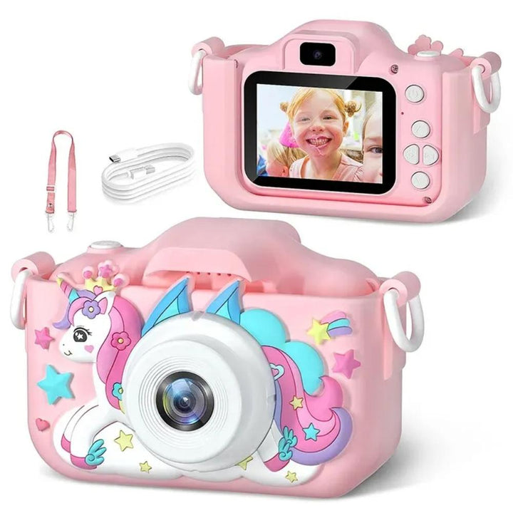 Cute unicorn kids' digital camera, a vibrant 1080P toy camera for girls, perfect for creative play & photos.
