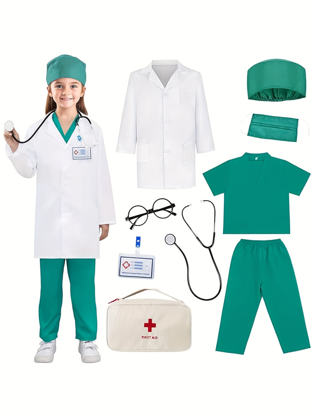 Kids 9-piece doctor & nurse costume set with stethoscope & scrubs for imaginative role play.