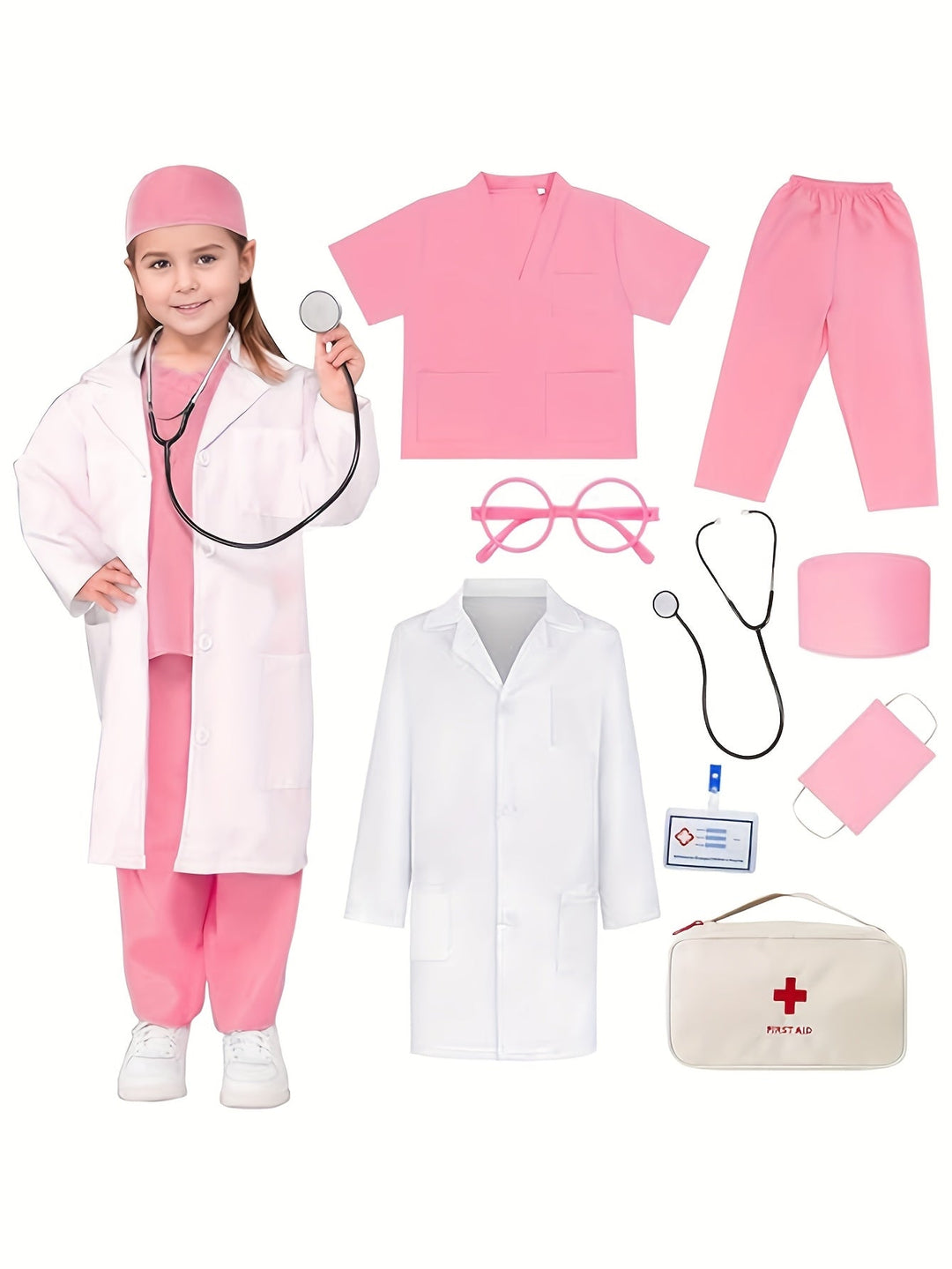 Child's doctor dress-up set, 9 pieces, includes scrubs, stethoscope, and first aid bag for pretend play.