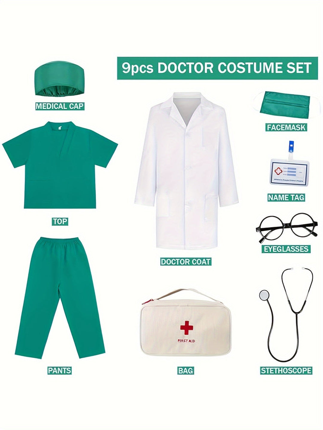 Complete 9-piece kids' nurse role play costume with stethoscope & medical accessories for career day fun.