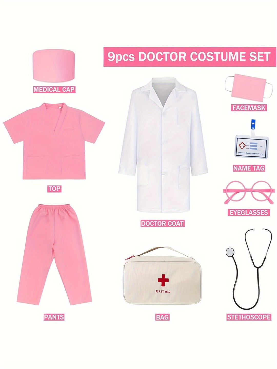 Children's doctor scrubs costume set with stethoscope, toy medical tools, perfect for Halloween or play.
