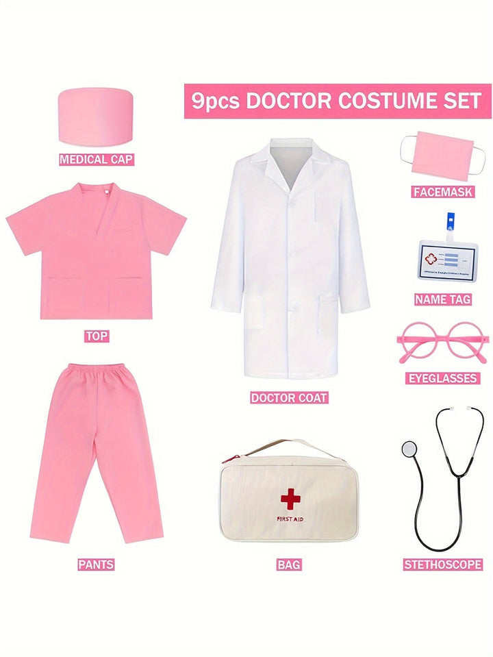 Children's doctor scrubs costume set with stethoscope, toy medical tools, perfect for Halloween or play.