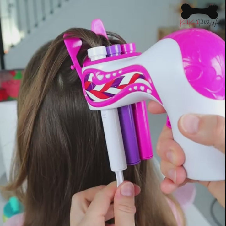 Automatic kids' hair styling tool. Effortlessly twists hair into quick, cute braids. A fun hair accessory for children.