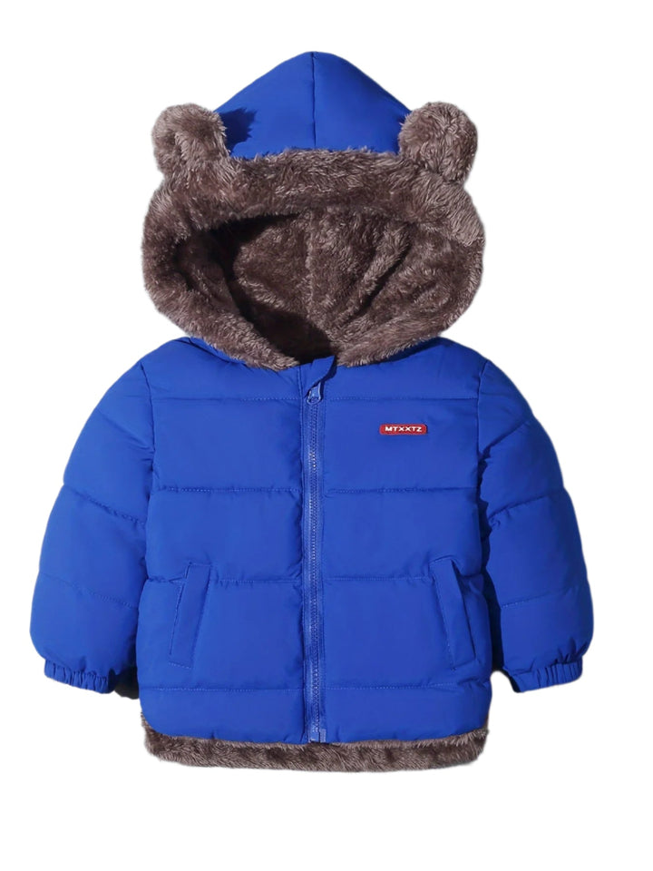 Playful bear design winter coat for kids, providing warm & cozy outdoor protection in winter.