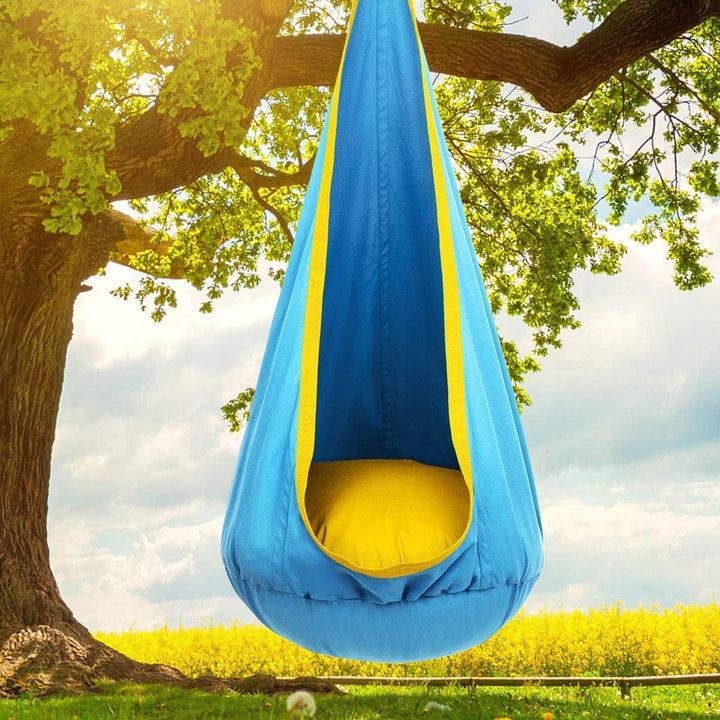 Children's indoor hanging swing chair; a comfortable canvas seat for reading & relaxing.
