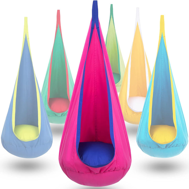 Outdoor kids' cozy hanging chair; weather-resistant canvas swing for garden relaxation.