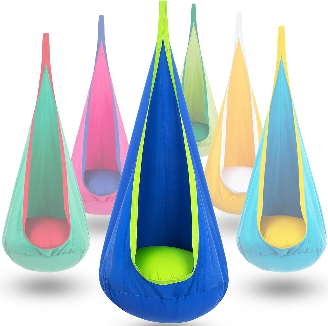Soothing kids' indoor hanging chair; soft canvas swing creating a cozy relaxation spot.