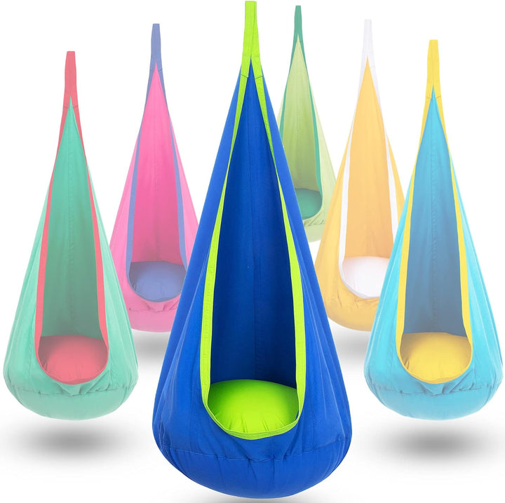 Soothing kids' indoor hanging chair; soft canvas swing creating a cozy relaxation spot.