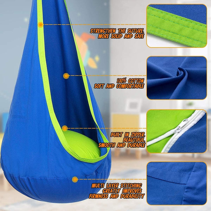 Kids' outdoor canvas hanging swing; sturdy comfort chair for backyard or patio fun.
