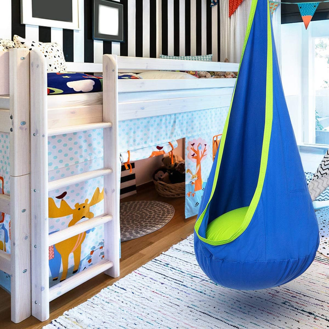 Cozy kids' hanging chair for indoors; soft canvas swing, perfect for a child's bedroom.