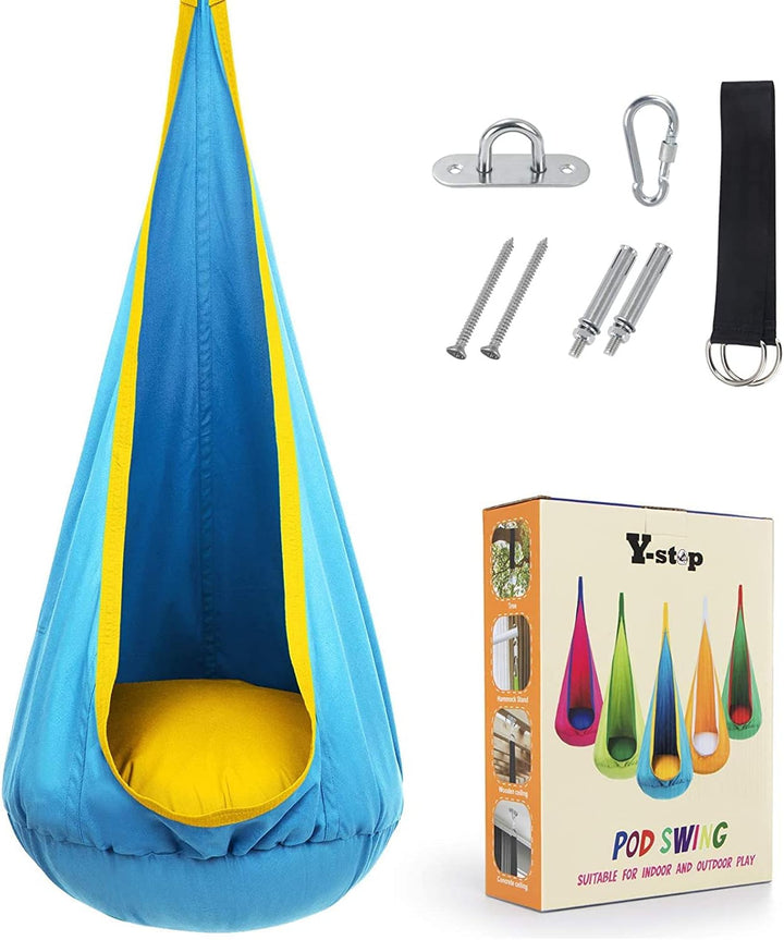 Playful outdoor kids hanging swing chair; durable canvas for garden or patio relaxation.