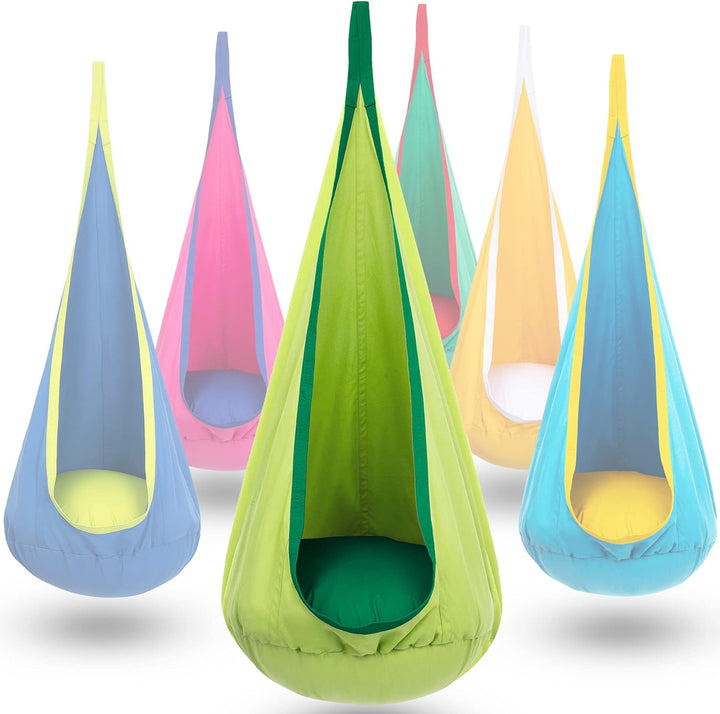 Relaxing children's hanging swing; soft canvas chair for a cozy indoor reading nook.