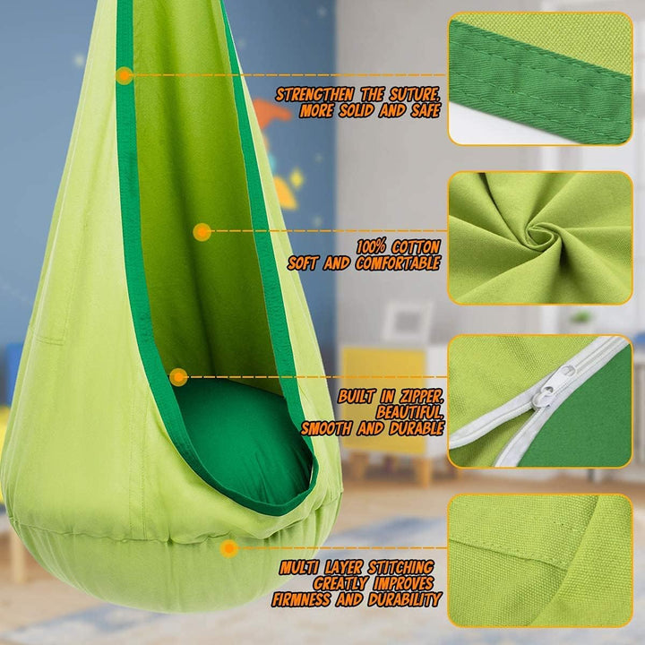 Outdoor kids' hanging canvas chair; sturdy swing for backyard adventures and comfort.