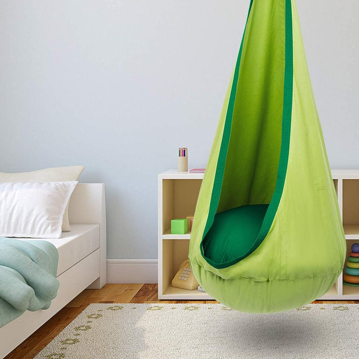 Playful indoor kids' swing; hanging canvas chair, perfect addition to playroom furniture.