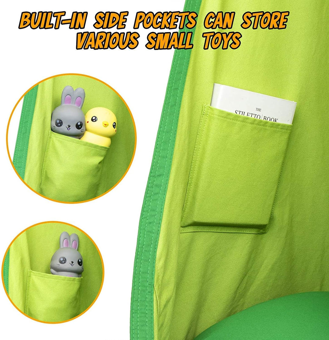 Soothing kids' hanging swing chair; a comfortable canvas nook for indoor/outdoor peace.