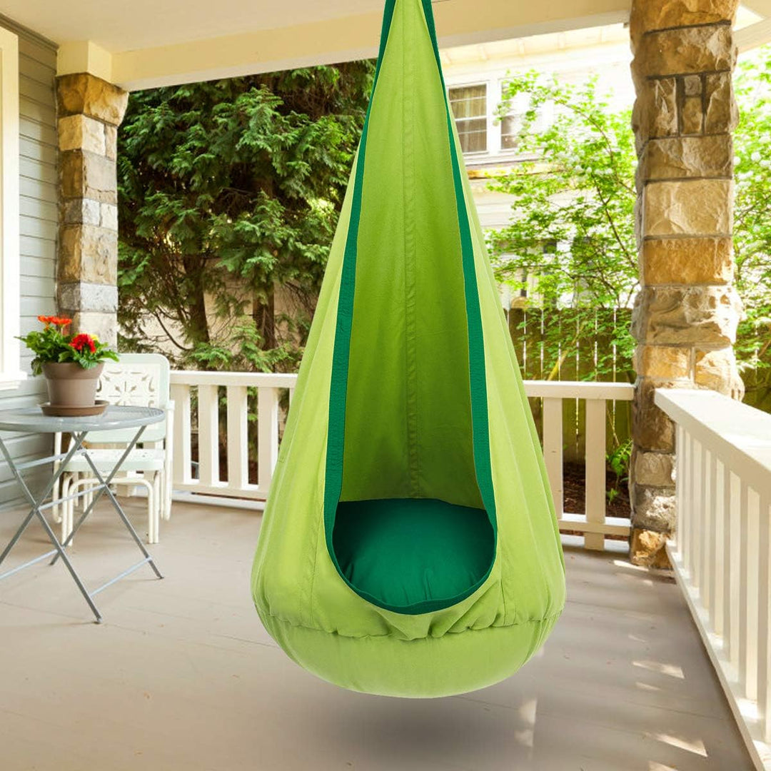 Playful children's canvas hanging swing; a soothing indoor/outdoor relaxation spot.
