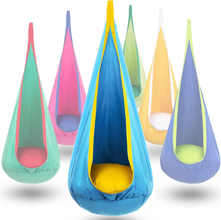 Hanging canvas swing for kids; perfect indoor outdoor relaxation spot for children.