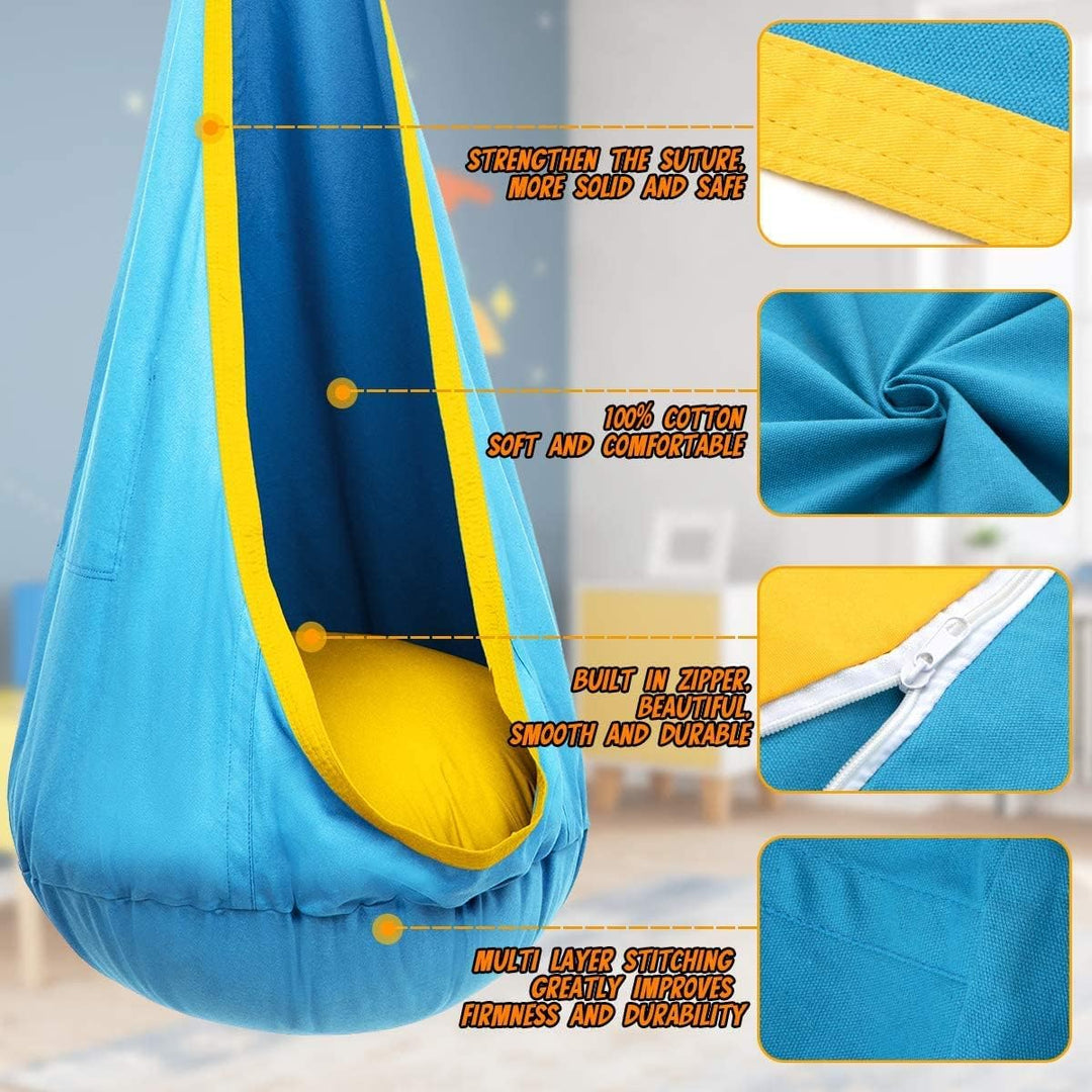 Cozy hanging chair for kids' playroom decor; soft canvas comfort swing for children.