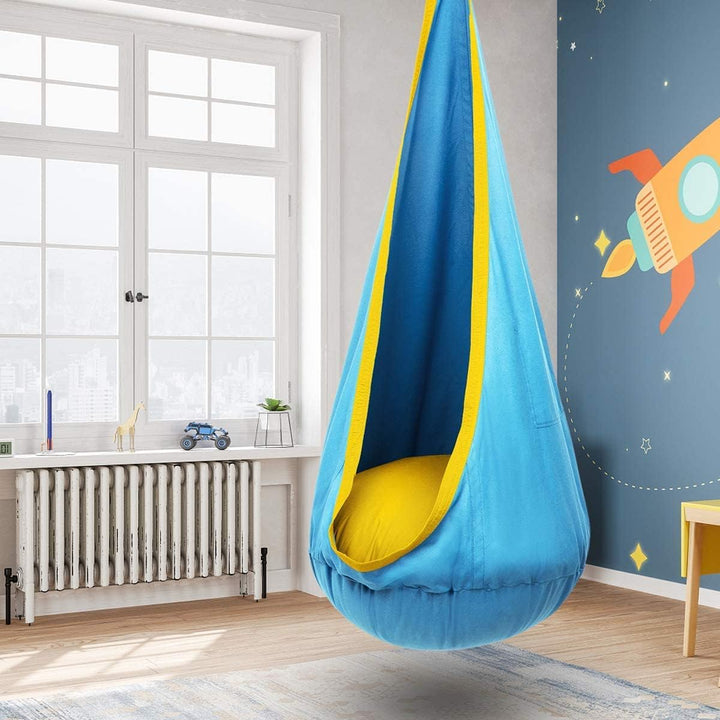 Kids' outdoor hanging swing; durable & comfortable canvas chair for backyard fun.