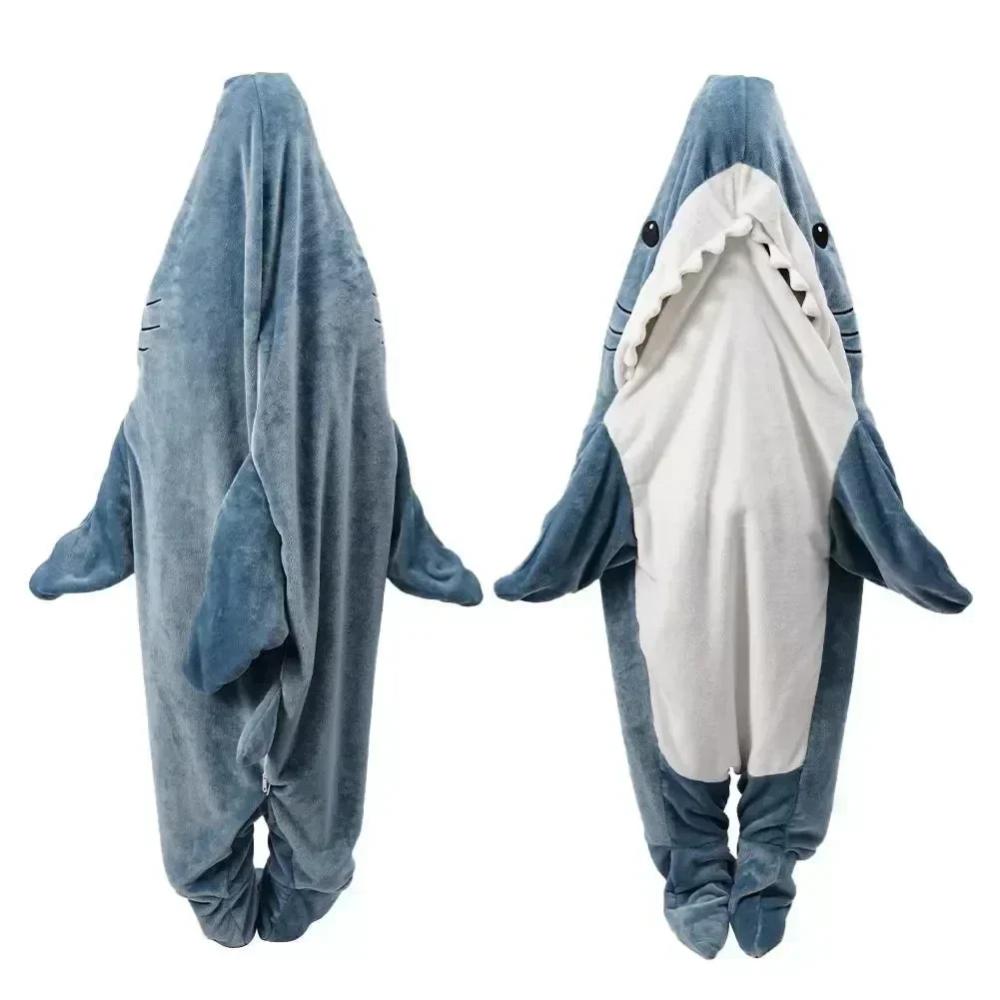 Kids' cozy flannel shark sleeping bag pajama, perfect for play, sleep, and warmth during winter.
