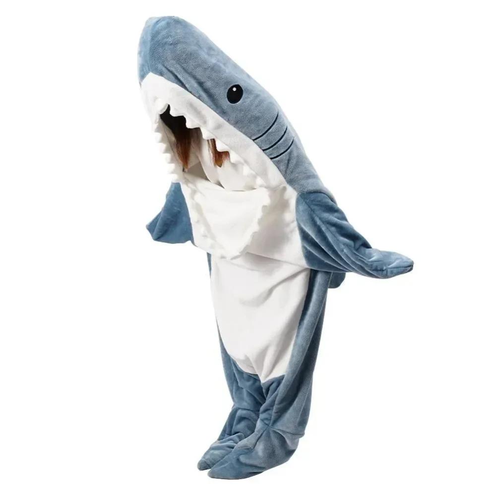 Child in a comfortable shark wearable blanket pajama, ideal as a fun animal costume or cozy sleepwear.
