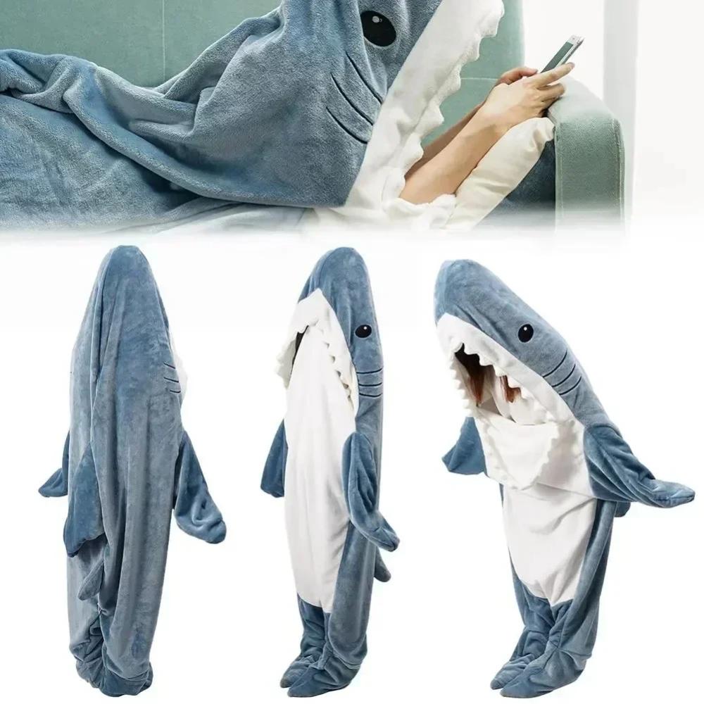 Soft flannel shark sleeping bag for children, a warm and comfy winter pajama or imaginative play costume.