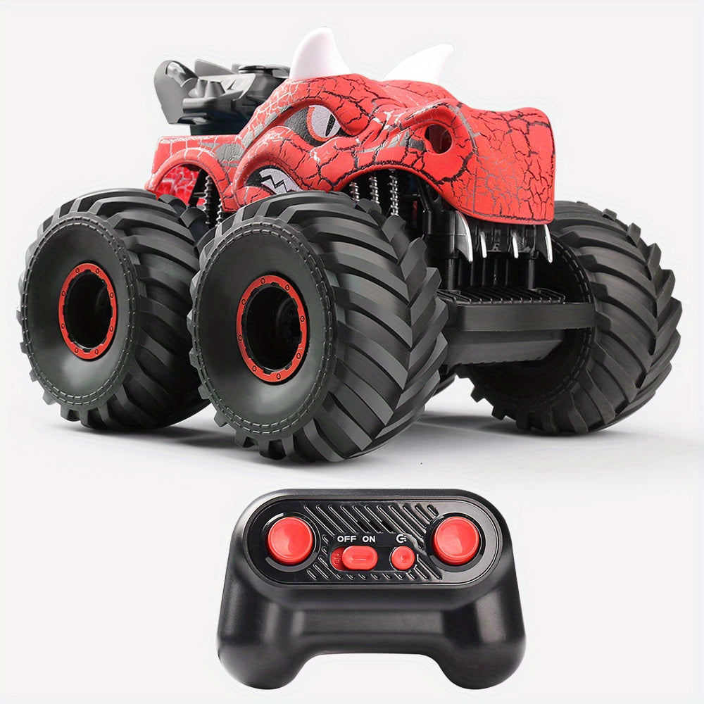 Kids' DinoBlaze RC stunt car with smoke, LED lights, and 360° action, a thrilling monster truck dinosaur toy for children.