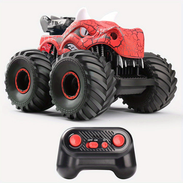 Kids' DinoBlaze RC stunt car with smoke, LED lights, and 360° action, a thrilling monster truck dinosaur toy for children.
