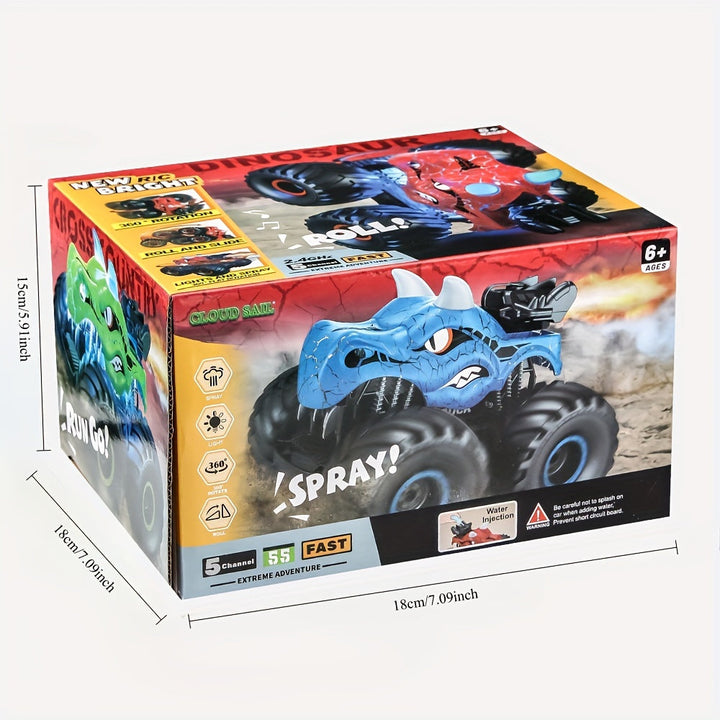 Remote control DinoBlaze RC stunt car performing 360° action, featuring smoke and bright LED lights, a fun kids' monster truck.