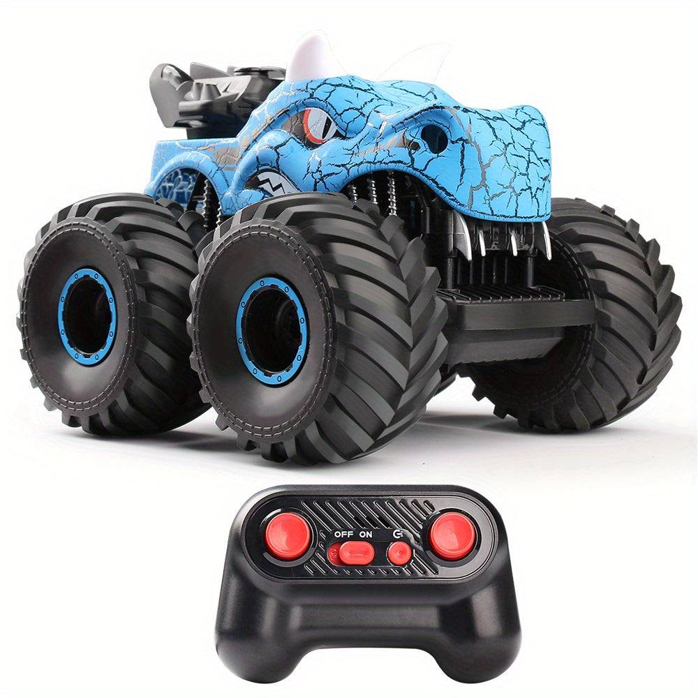 Dynamic DinoBlaze RC monster truck with cool smoke effect, vivid LED lights, and dinosaur design, an exciting children's action toy.
