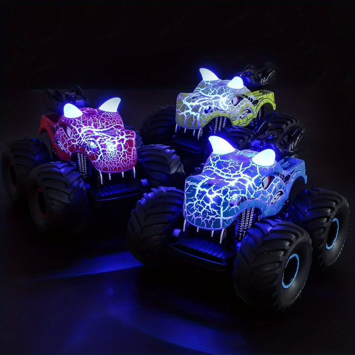 Vibrant DinoBlaze RC stunt monster truck toy with remote control, smoke effect, LED lights, and thrilling 360-degree spins for kids.
