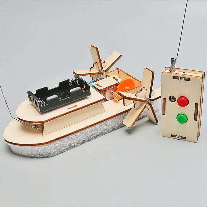 Kids' DIY electric toy boat kit. Educational wooden STEM project for building a working boat.