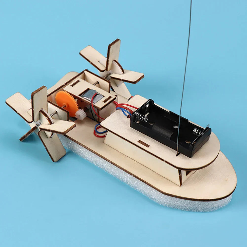 Assemble a wooden electric boat. DIY kit for kids, promoting science & engineering skills.