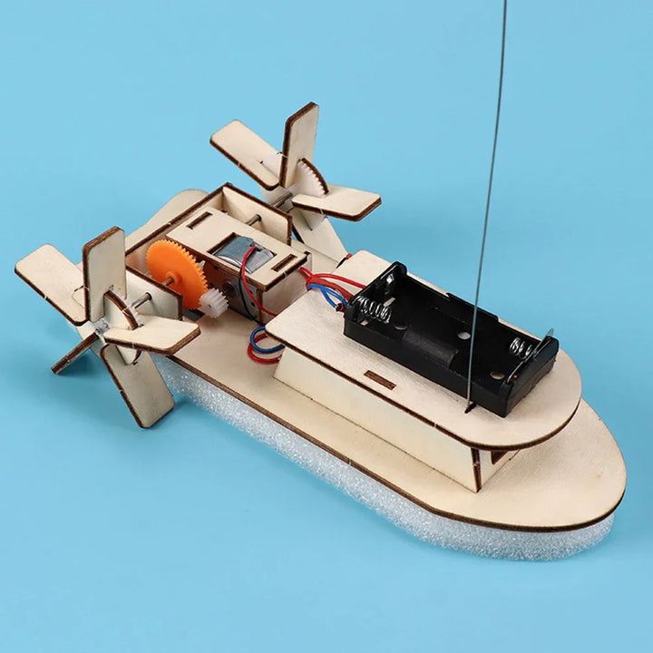 Assemble a wooden electric boat. DIY kit for kids, promoting science & engineering skills.