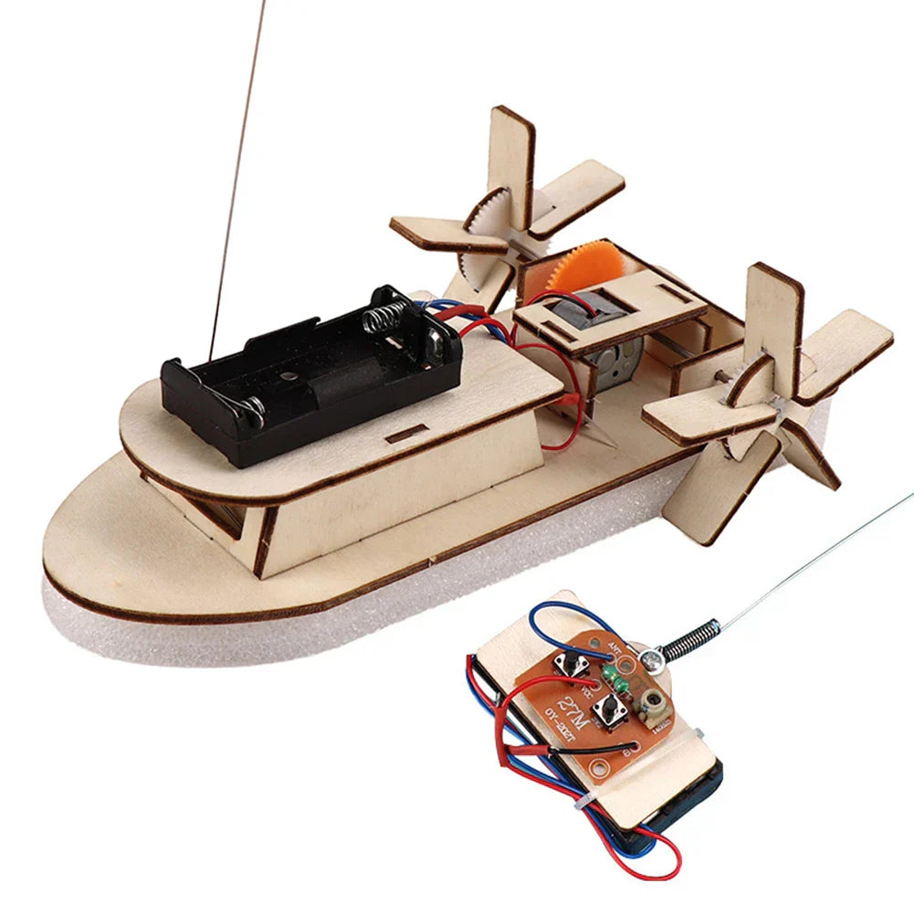 Educational wooden craft kit: DIY electric toy boat for kids. Hands-on science project.