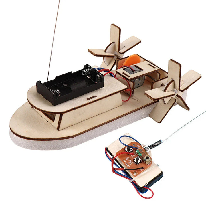 Educational wooden craft kit: DIY electric toy boat for kids. Hands-on science project.