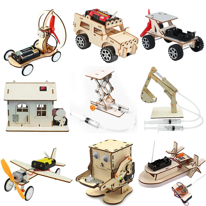 Wooden DIY electric toy boat. Science kit for kids to build their own motor-powered vessel.