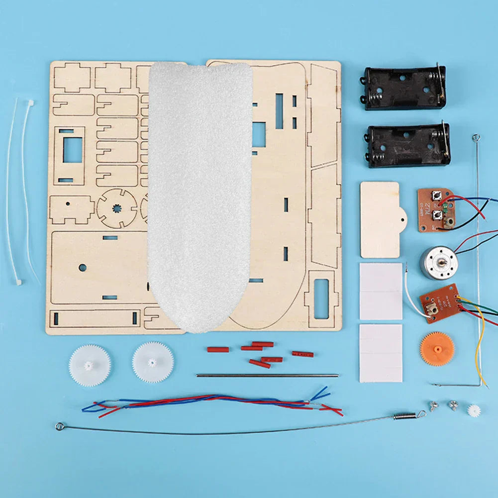 Educational STEM building kit: Kids' wooden DIY electric toy boat for hands-on learning.
