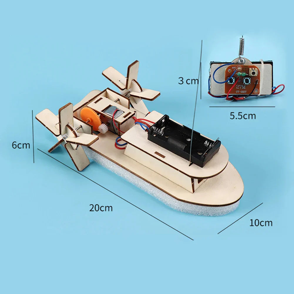 DIY electric toy boat for kids. Educational wooden building kit, perfect for young engineers.